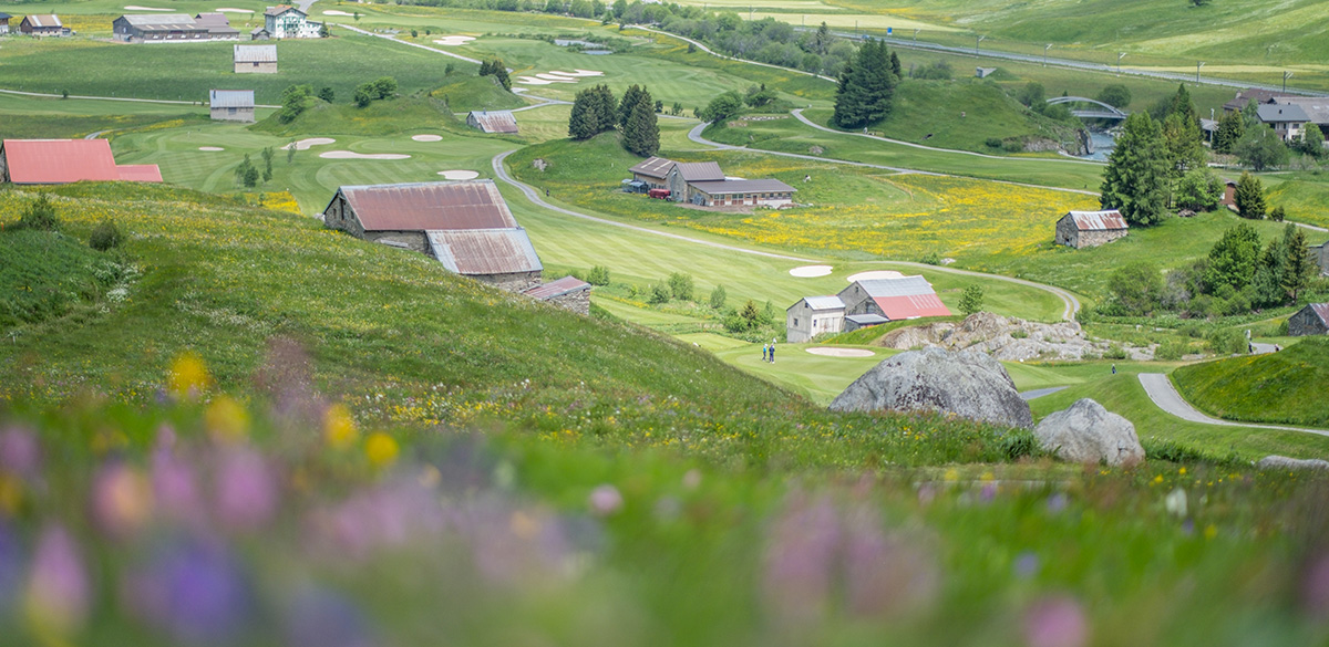 Eine wunderschöne grüne Berglandschaft in der Schweiz mit Hütten und atemberaubenden Aussichten.