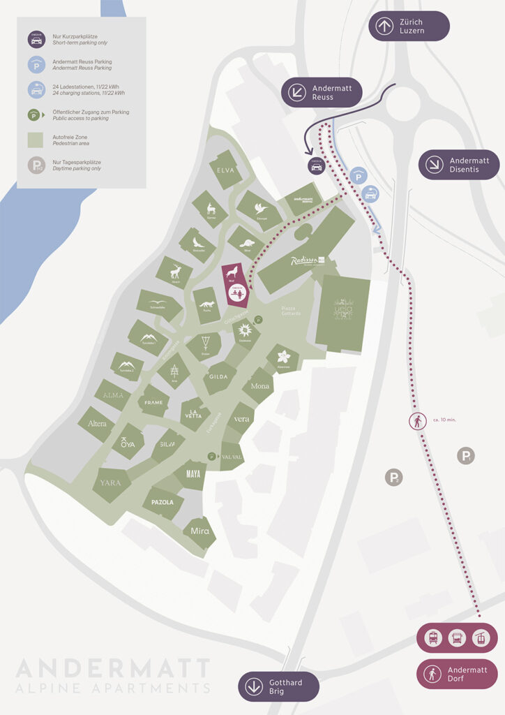 Anreise - Andermatt Alpine Apartments Map view of Andermatt with marked areas, parking lots, apartments and train connections.