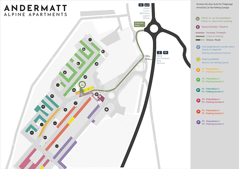 MAP_ALPINE-APARTMENTS-ARRIVAL_PDF_Garage-3 a descriptive map of andermatt alpine apartments building locations, road and parking